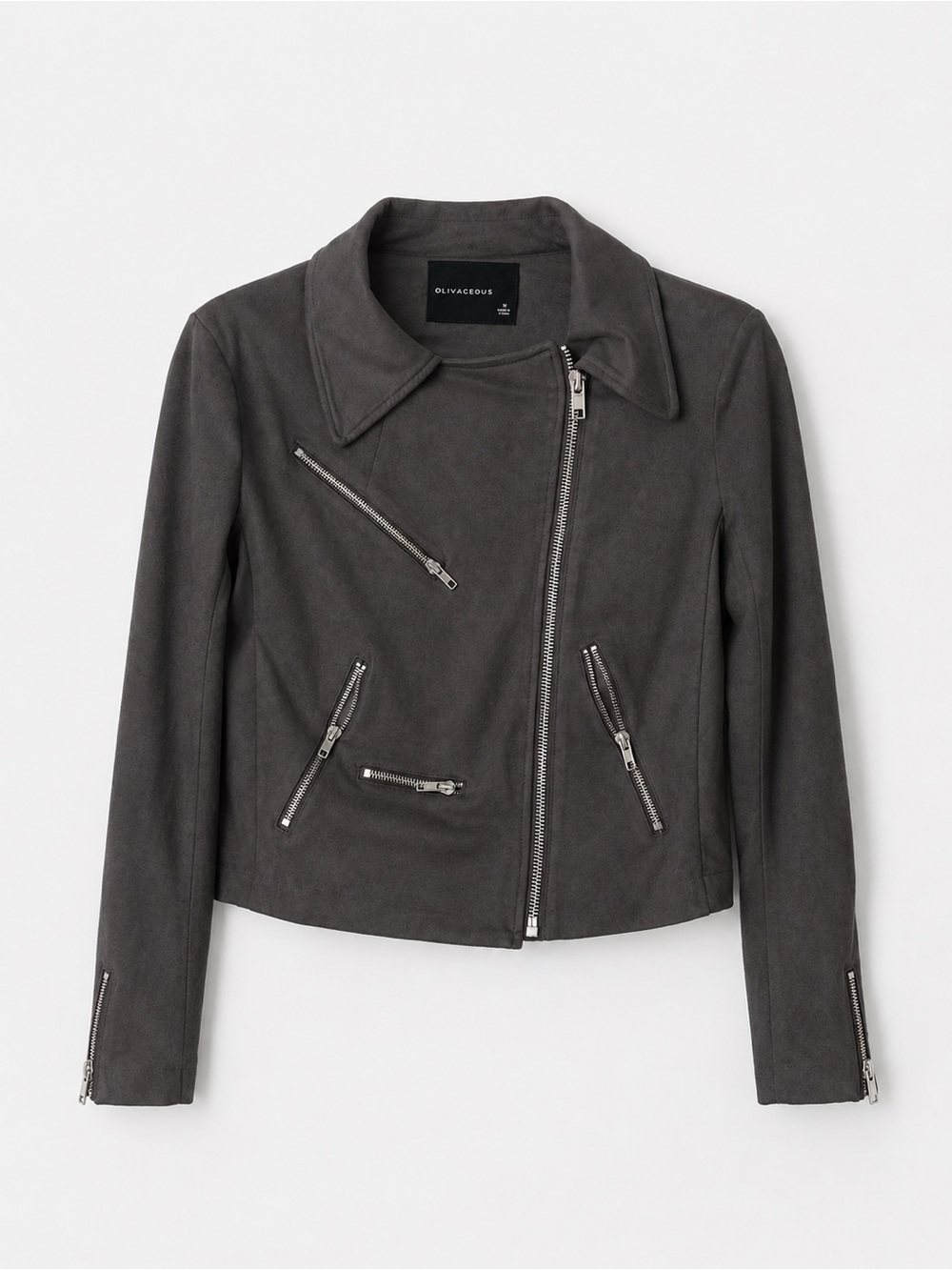 Olivaceous Faux Suede Moto Jacket Gray Silver Zip Cropped Size M